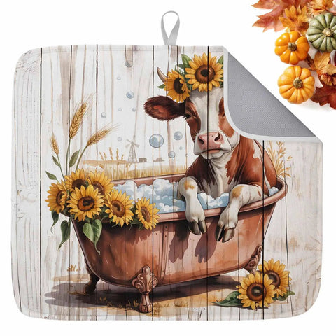 Fall Thanksgiving Sunflower Cow Themed Dish Drying Mat for Kitchen Counter with cushioned core, showing a cow in a sunflower tub design.