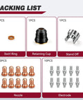 Image showing packaging list of IPT60 Plasma Cutter Torch Consumables Kit, 23 Pieces, including swirl ring, retaining cup, stand off, nozzles, and electrodes.