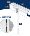 Diagram of 4 Pack Bi-Fold Door Lock Kit For Closets Kid And Pet Proof No Tools Needed Clear Polycarbonate Ultra Strong Protection For 1 3/8 Inch Wood Doors showing dimensions and compatibility