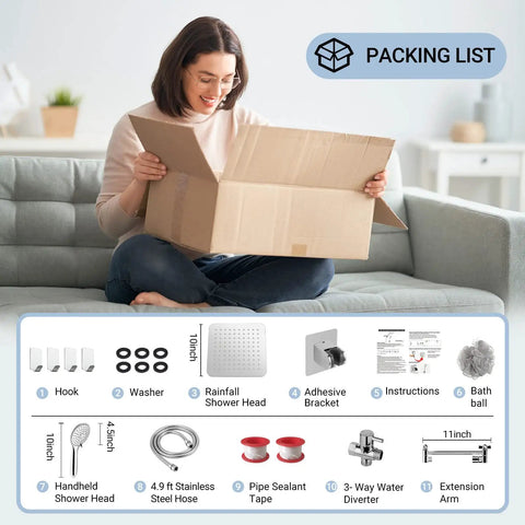 Packing list with woman unboxing a 10 Inch Rainfall Shower Head With Handheld Combo California Compliant High Pressure set.