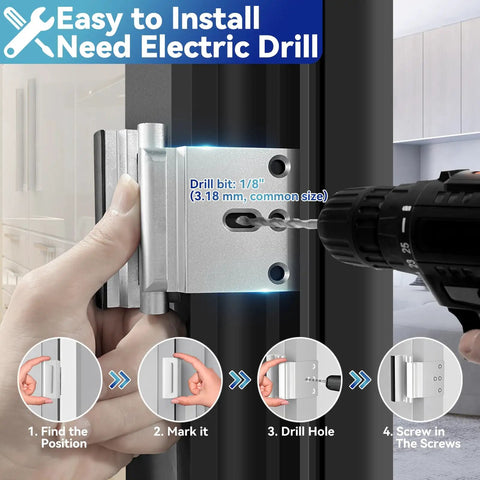Door Reinforcement Lock 800Lbs Strength Built For Real Home Security Extra Privacy Child Proof Drilling Required Easy Install With 8 Screws To Stop Unauthorized Entry, showing electric drill in use