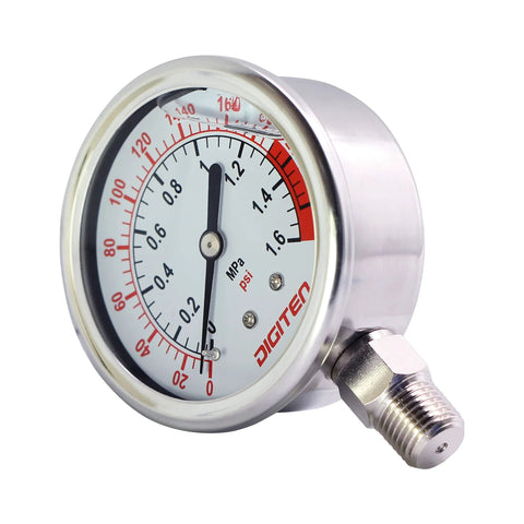 DIGITEN water pressure gauge, front view, 0-1.6 MPa (0-220 psi), 1/4 inch thread, silver metal case