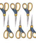 Six pack of Eight Inch Nonstick Titanium Scissors With Glide Adjust Technology, grey and yellow handles for home and office use.