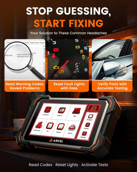 DS500BT Bidirectional Scan Tool For Full System Diagnostics on display showing interface for codes, reset, and tests features.