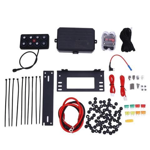 8 Gang LED Switch Panel With Auto Dimmable Touch Control For Car Boat SUV with accessories, cables, and mounting kit.