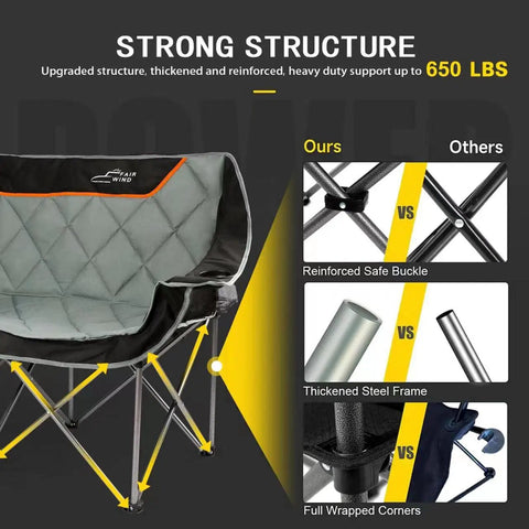 Oversized Fully Padded Camping Chair Folding Loveseat for Outdoors Heavy Duty Quad Fold Camp Couch showing reinforced structure