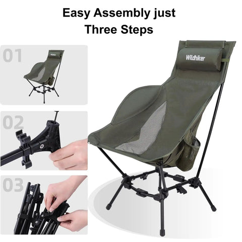 Compact High Back Camp Chair With Dual Sitting Modes Pillow Arm Pads And Side Pockets for easy assembly in three steps