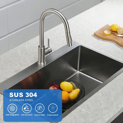 Modern Stainless Steel Kitchen Faucet With Pull Down Sprayer, Single Handle Brushed Nickel Deck Plate in contemporary kitchen.