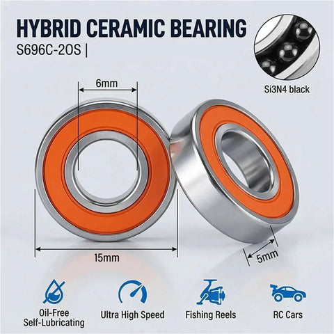 RC Car Ceramic Bearings 5x13x4 2RS Hybrid Ball Set with orange seal and metal core, highlighting size and design