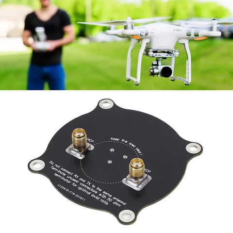 Beefy High Gain 5.8GHz Triple Feed Patch Antenna for FPV Drones, black PCB, with drone in background, long-range accessory