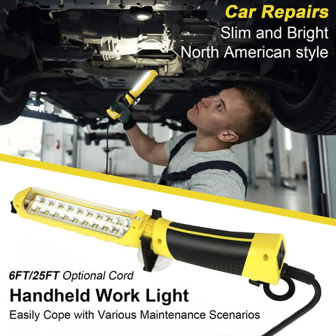 Mechanic using Handheld Corded Work Light With Magnetic Base And Dual 360 Degree Hooks, ETL Listed 16 AWG Drop Light for car repair