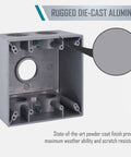 Two Gang Weatherproof Deep Electrical Box With Five Three Quarter Inch Threaded Outlets For Outdoor Wiring Die Cast Aluminum Construction Weather Resistant Box For Outlets Switches And GFCI showing internal structure