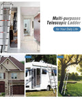 Collage of Aluminum Telescoping Ladder 8.5 Ft With One Button Safe Close in various uses like home, RV, and outdoor settings.