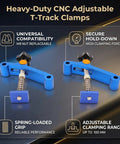 Heavy Duty T Track Clamps With Spring Nut Offer Adjustable Pressure Plate Slider For Woodworking And Metal Milling Tables Featuring 100mm Clamping Range, showcasing blue color and design details.