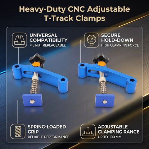 Heavy Duty T Track Clamps With Spring Nut Offer Adjustable Pressure Plate Slider For Woodworking And Metal Milling Tables Featuring 100mm Clamping Range, showcasing blue color and design details.