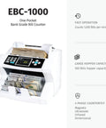 Multi Currency Money Counter With Bank Grade Counterfeit Detection UV MG IR DD Supports USD CAD EUR KRW Fast Cash Counting Up To 1,200 Bills Per Minute With A 500 Bill Hopper No Fluff Banking Or Retail Use showing EBC-1000 model with bills in hopper.