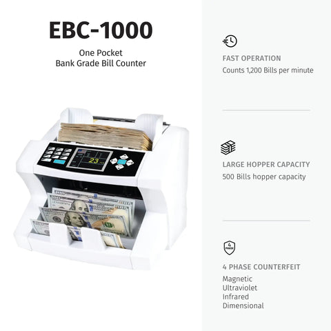 Multi Currency Money Counter With Bank Grade Counterfeit Detection UV MG IR DD Supports USD CAD EUR KRW Fast Cash Counting Up To 1,200 Bills Per Minute With A 500 Bill Hopper No Fluff Banking Or Retail Use showing EBC-1000 model with bills in hopper.