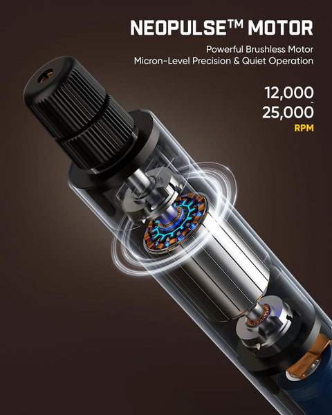 Cutaway view of cordless engraving pen kit motor highlighting brushless design and quiet operation for artists and DIYers.