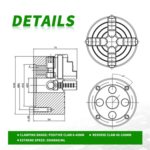 Technical drawing of Rugged 100mm Independent Lathe Chuck 4 Jaw Grips 4 Inch Capacity 3500 RPM Hardened Steel Construction