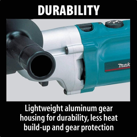 Close-up of beefy three quarter inch hammer drill with LED light, showcasing lightweight aluminum gear housing for durability.