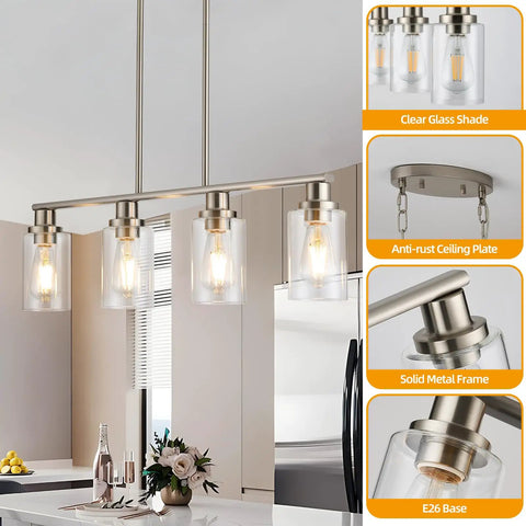 Four Light Chrome Kitchen Island Pendant Light Fixture With Clear Glass Shades For Modern Dining Room And Living Room