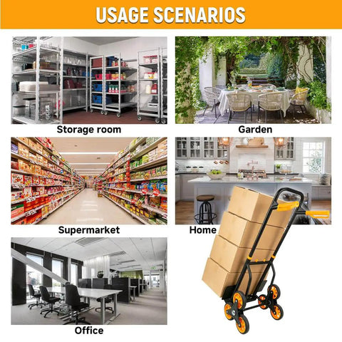 Heavy Duty Stair Climbing Cart With 330 Lb Capacity, 6 Wheel Folding Dolly And Telescoping Handle, Ergonomic Grip, Ideal For Moving Groceries, Boxes, And Bulky Items Up Stairs Or Across Floors. shown with boxes in home, office, supermarket, and storage room