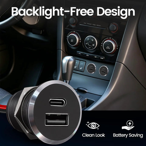 Top Shelf Aluminum 12V USB Outlet And Dual Port Fast Charging Car Charger Built For Tough Daily Rigs With Superior Heat Cooling shown in car interior.