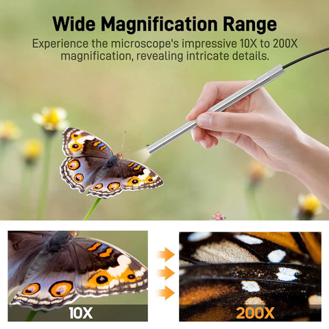 USB C Digital Microscope For Dope Close Ups With 10X To 200X Zoom capturing detailed view of butterfly wings outside on flowers.