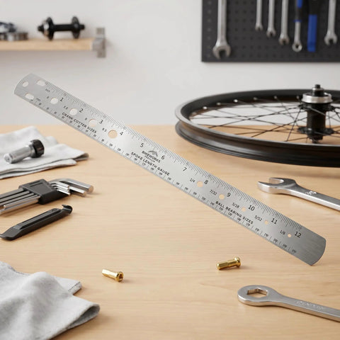 Top Shelf Stainless Steel Bike Spoke Length Gauge And Nipple Size Ruler For Cotter Pins And Bearings Dead On 360Mm double sided ruler on a workbench.