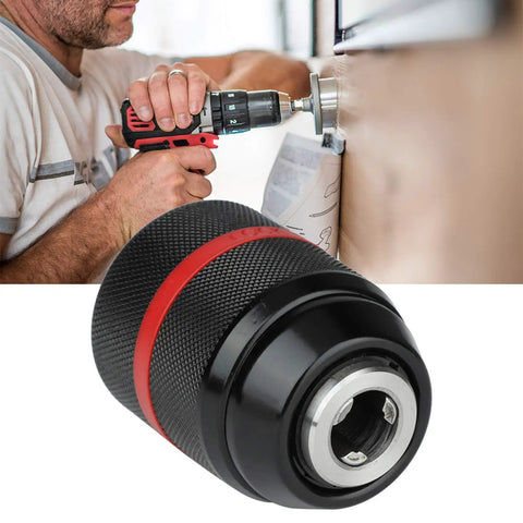 Keyless Drill Chuck 1/2-20UNF Mount used in woodworking, close-up of self-tightening mechanism for quick bit changes.