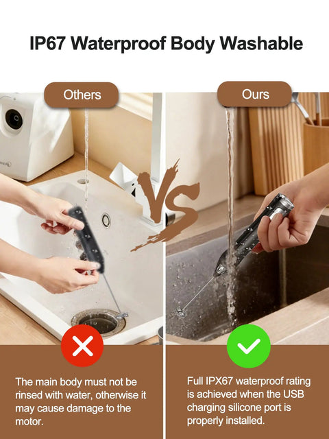 Comparison of sink rinsing with others versus Boss Level Rechargeable Handheld Milk Frother Wand With IP67 Waterproof Build