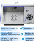 Rectangular stainless steel sink with dimensions, features, and measurements labeled for a kitchen setup.