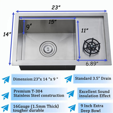 Rectangular stainless steel sink with dimensions, features, and measurements labeled for a kitchen setup.