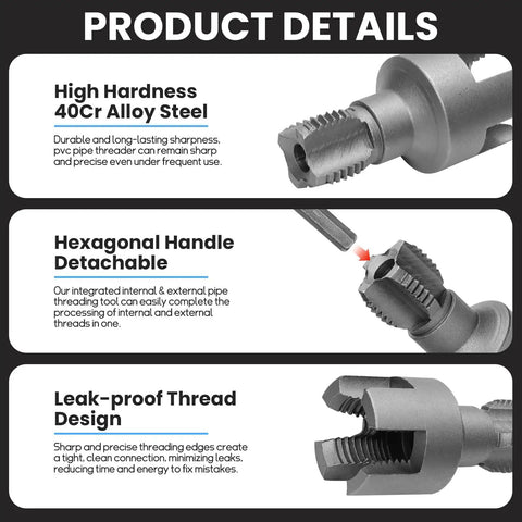 Heavy Duty PVC Pipe Threader Kit for 1/2 Inch and 3/4 Inch Plastic Pipes showing durable 40Cr alloy steel design and detachable handle.