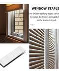 Tough As Nails Plantation Shutter Repair Staples Kit with Durable Louver Tabs shown with window and blinds for home repair.