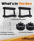 What's in the box: 3 Inch Front And 2 Inch Rear Leveling Lift Kit For Nissan Frontier Xterra And Suzuki Equator 2005-2023 2WD 4WD steel components