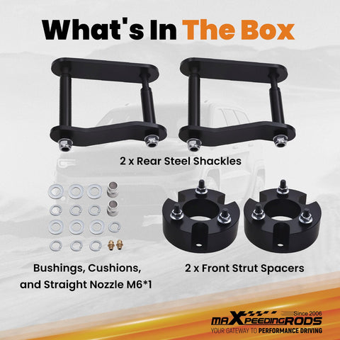 What's in the box: 3 Inch Front And 2 Inch Rear Leveling Lift Kit For Nissan Frontier Xterra And Suzuki Equator 2005-2023 2WD 4WD steel components
