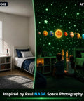 Before and after view of Glow In The Dark Space Wall Stickers Stars And Planets Set For Kids Room Ceiling Decor with glowing effect.
