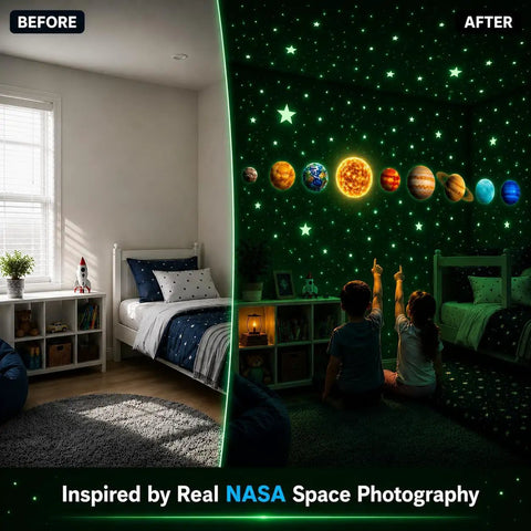 Before and after view of Glow In The Dark Space Wall Stickers Stars And Planets Set For Kids Room Ceiling Decor with glowing effect.