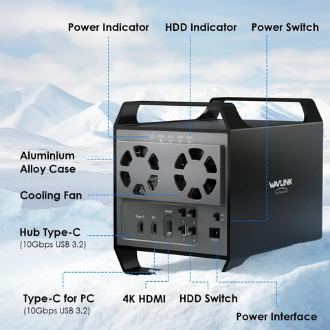 Hella Fast Badass 4 Bay External Hard Drive Enclosure for 3.5 and 2.5 Inch SATA HDD SSD with controls and cooling fans.