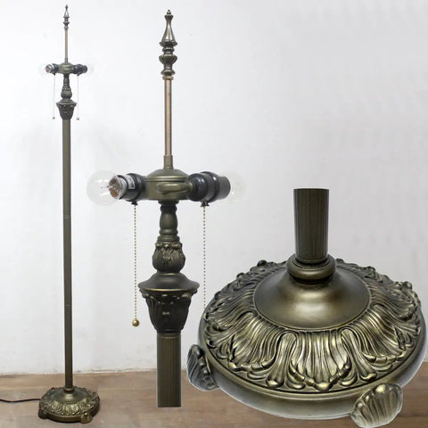 Dope Antique Bronze Floor Lamp Base For Tiffany Style 16 To 24 Inch Stained Glass Shade, 64 Inch Tall Resin Base With 11 Inch Wide Foot, Replacement Antique Standing Lighting Base For Classic Home Decor. Detailed view of ornate base and socket.