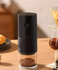 Portable Electric Coffee Grinder With Ceramic Burrs And Digital Scale, Usb Rechargeable Cordless Design For Espresso Drip French Press on wooden table.