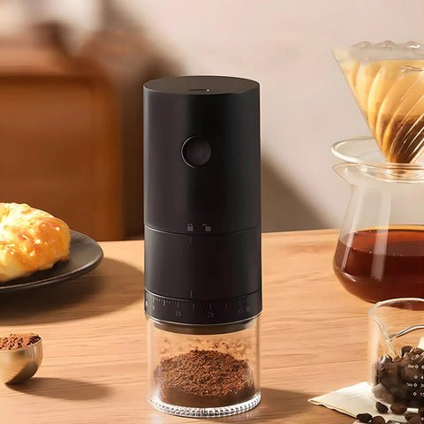 Portable Electric Coffee Grinder With Ceramic Burrs And Digital Scale, Usb Rechargeable Cordless Design For Espresso Drip French Press on wooden table.
