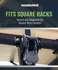 Ladder Rack Tie-Down System With Self Retracting Ratchet Straps on square mount fitting a truck bed, close-up view