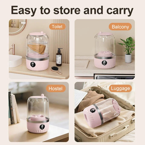 Slick Portable Laundry Wash Cup For Travel And Business Trips Compact Clothes Cleaner on a hotel sink and in luggage.