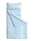 All In One Toddler Nap Mat With Pillow And Minky Fleece Blanket, Blue White Gingham Grid Checkered Design, Roll Up Sleeping Bag