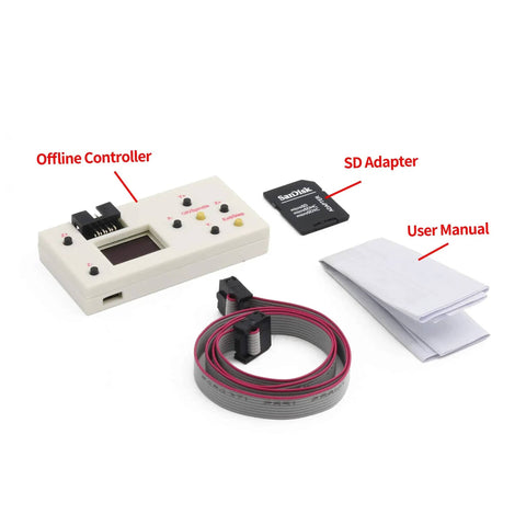 3 Axis DIY CNC Router Kit With GRBL Offline Controller parts including offline controller, SD adapter, user manual, and connecting cable.