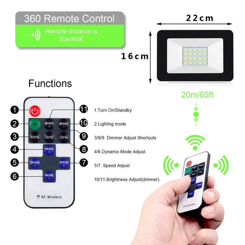JUDYSSY Solar Floodlight remote control with functions for adjustable brightness and lighting modes, 20m range.