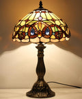 Tiffany Style Stained Glass Table Lamp With Vintage Victorian Vibe, 12 Inch Shade, 18 Inch Tall, Antique Green Bronze Base