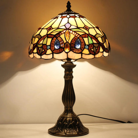 Tiffany Style Stained Glass Table Lamp With Vintage Victorian Vibe, 12 Inch Shade, 18 Inch Tall, Antique Green Bronze Base